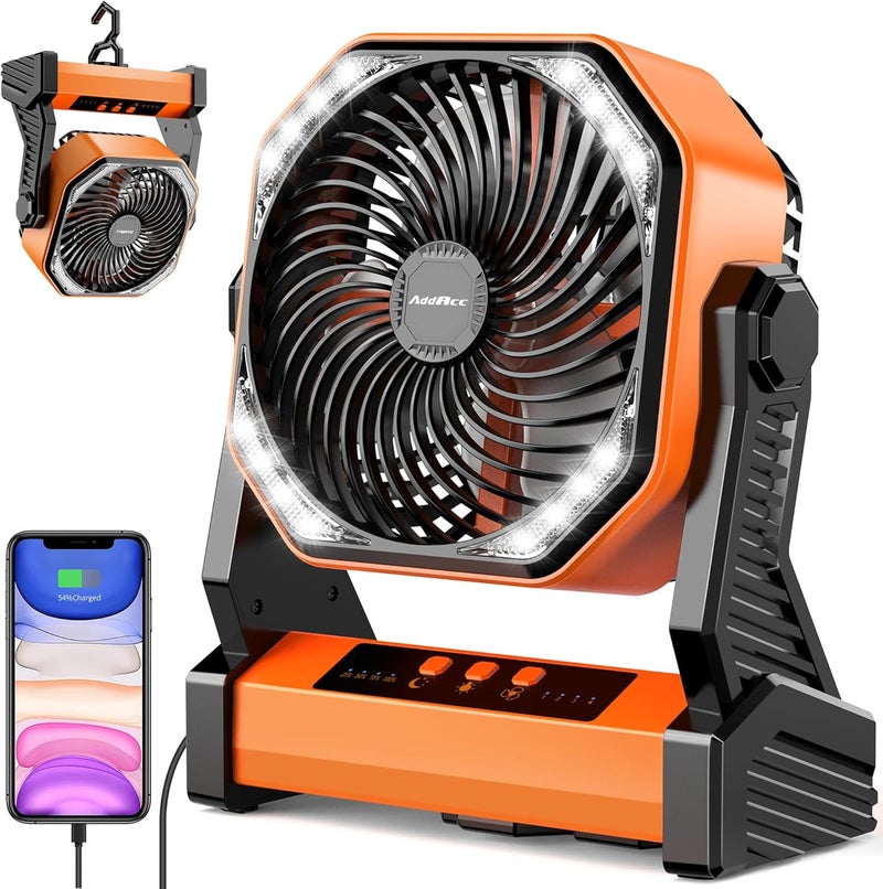 AddAcc 20000mAh Camping Fan, Rechargeable Battery Operated with 360° Rotatable Hook, 400 Lumes Light, 270° Pivot, 4 Speeds, 58Hrs Battery Powered Fan for Outdoor Tent Car Trip BBQ Hurricane Power Outages - Image 1